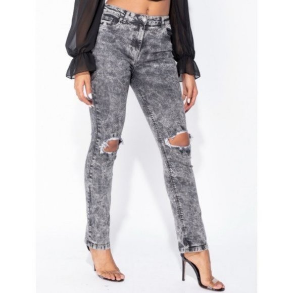 Gray Acid Wash High Waist Ripped Distressed Straight Leg Jeans Denim Pants - Picture 11 of 15